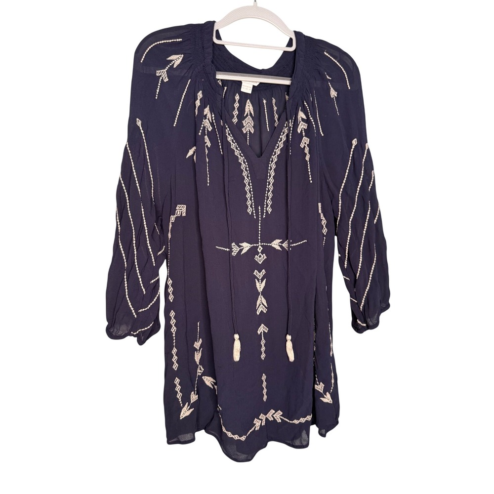 Monsoon purple blue embroidered tunic top  Boho Gypsy scoop neck tassles